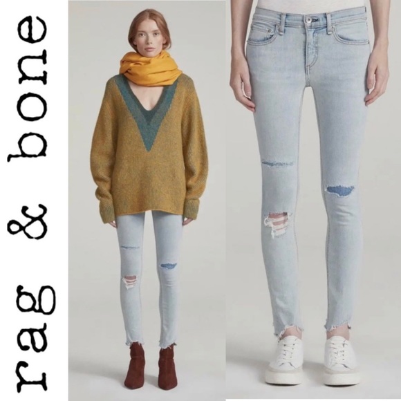 Rag & Bone Ankle Skinny Jeans in Lynn Holes 28 Chewed Hem Patchwork Light Wash - Picture 2 of 16